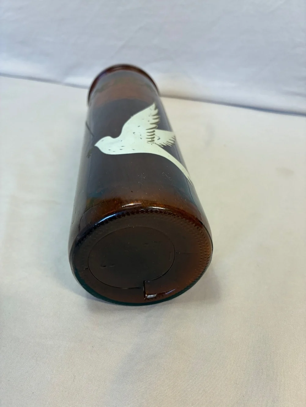 Vintage Brown Glass Peace Candle with White Dove Design, 9 Inch
